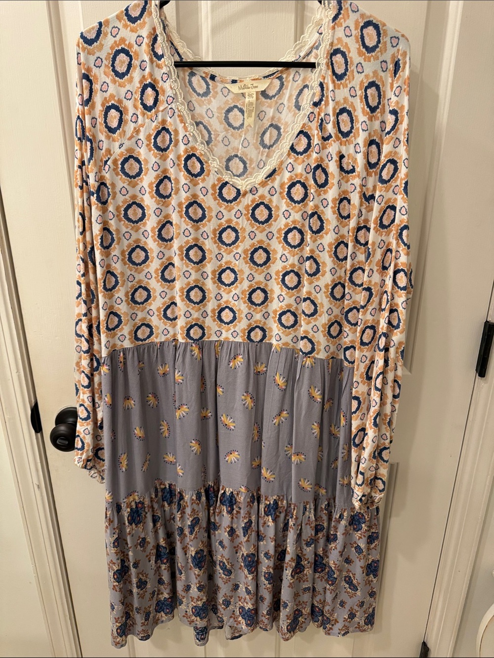 Matilda Jane Multi-Pattern Long Sleeve Patchwork Dress in Blue and Cream